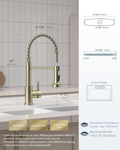 APPASO Gold Kitchen Faucet with Pull Down Sprayer and Soap Dispenser | Single Handle High Arc Spout, NSF Certified 1 or 3 Hole Installation, for Kitchen Sink Farmhouse RV Laundry Camper