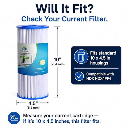 CFS Pleated Sediment Filters for HDX4PF4, 10 x 4.5 in, 30 Micron, 2 Pack | Washable pleats trap sand, silt & rust; also fits ECP20-BB, R30-BB, W15-PR & other Big Blue 10 x 4.5 in housings