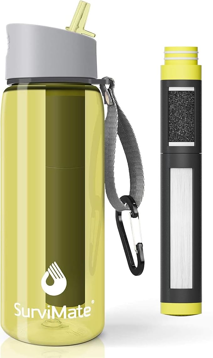 SurviMate 5-Stage 0.01μm Ultra-Filtration Filtered Water Bottle, BPA-Free Material, NSF/ANSI 42 Certified, Portable Water Filter Bottle for Survival, Camping, Hiking, and Emergency Use
