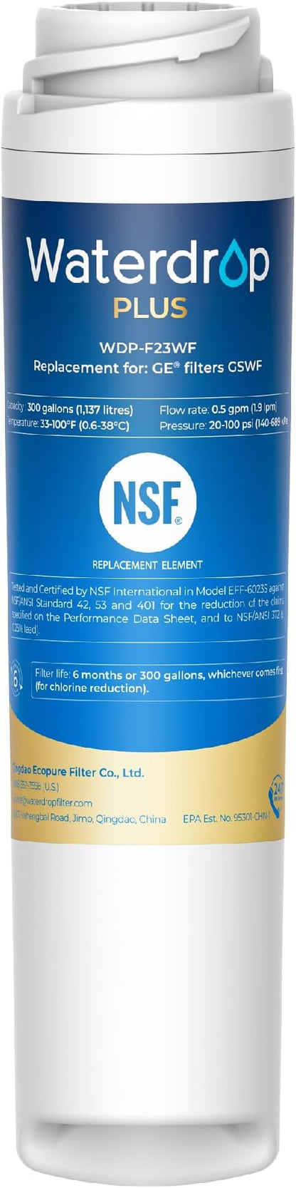 Waterdrop Plus GSWF Refrigerator Water Filter Replacement for GE® GSWF | Replacement for GE® GSWF Smart Water 238C2334P001, Kenmore® 46-9914, 9914,Certified NSF 401&53 Reduce lead and PFAS