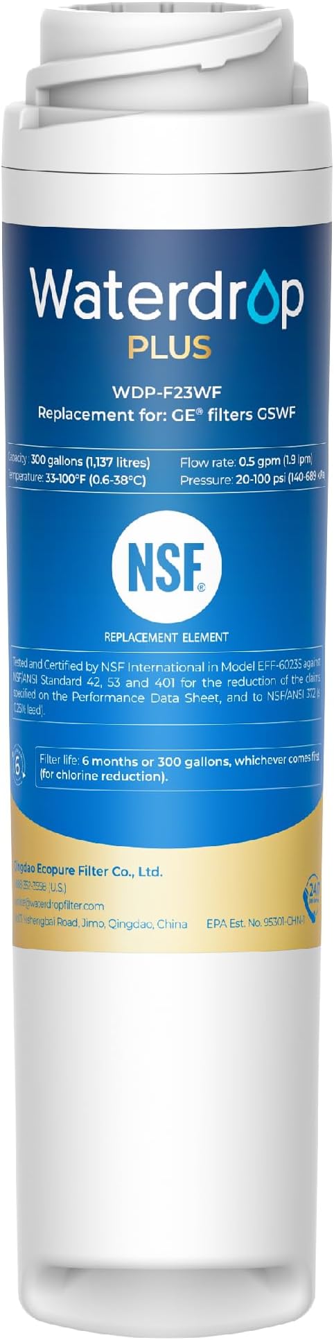 Waterdrop Plus GSWF Refrigerator Water Filter Replacement for GE® GSWF | Replacement for GE® GSWF Smart Water 238C2334P001, Kenmore® 46-9914, 9914,Certified NSF 401&53 Reduce lead and PFAS