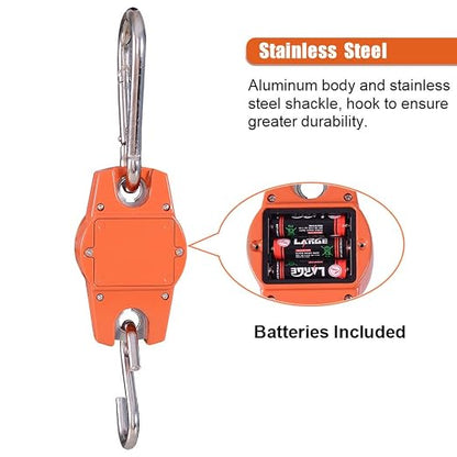 Fuzion Hanging Scale 660LB - Heavy Duty Crane Scale with Aluminum Body | Stainless Steel Hook, Hold/Tare Function, Large Display, Digital Hanging Scales for Weighing Animals, Hays, Fish, Luggage