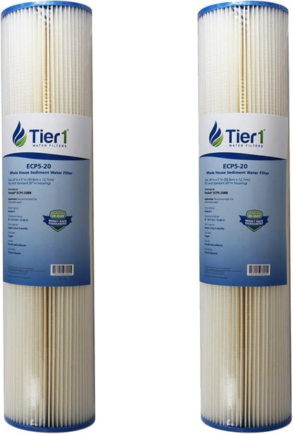 Tier1 5 Micron 20x4.5 Water Filter | Pleated Polyester Whole House Sediment Cartridge | Replacement for Pentek ECP5-20BB, 255494-43, 4PAY5 | Fine Sediment Control | 4.5 x 20 Water Filter (2-Pack)