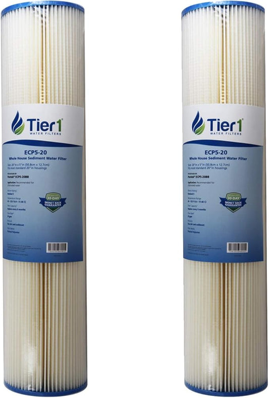 Tier1 5 Micron 20x4.5 Water Filter | Pleated Polyester Whole House Sediment Cartridge | Replacement for Pentek ECP5-20BB, 255494-43, 4PAY5 | Fine Sediment Control | 4.5 x 20 Water Filter (2-Pack)