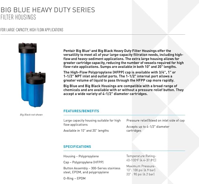 Pentair Pentek 150236 Big Blue Filter Housing, 1 1/2" NPT #20 Whole House Heavy Duty Water Filter Housing with High-Flow Polypropylene (HFPP) Cap, 20-Inch, Black/Blue