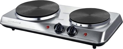 OVENTE Electric Cast Iron Double Burner, 1700W Hot Plate, Silver BGS102S | 7.25" & 6.10" Portable Countertop Cooktop, Stainless Steel, 5 Level Temperature Control, Indicator Light, Easy-to-Clean