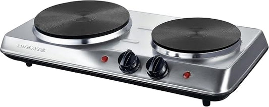 OVENTE Electric Cast Iron Double Burner, 1700W Hot Plate, Silver BGS102S | 7.25" & 6.10" Portable Countertop Cooktop, Stainless Steel, 5 Level Temperature Control, Indicator Light, Easy-to-Clean