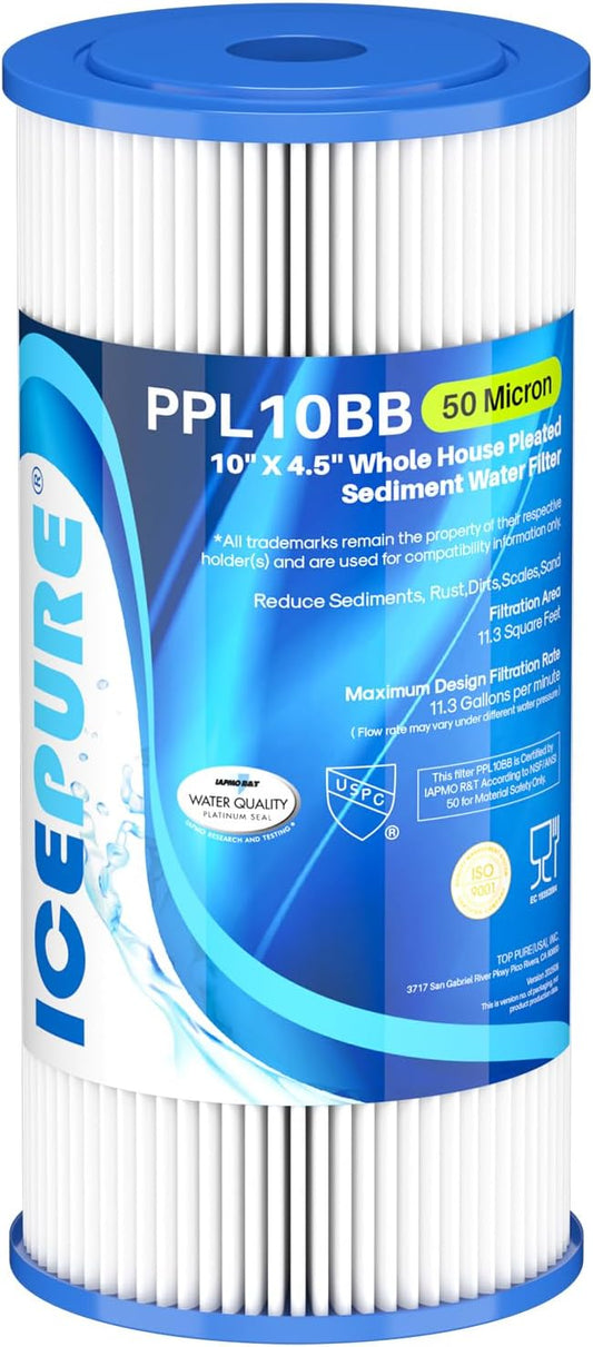 ICEPURE 50 Micron 10" x 4.5" Whole House Extra Coarse Pleated Sediment Filter for Well Water, Replacement Cartridge for GE FXHSC, Culligan R50-BBSA, DuPont WFHDC3001, W50PEHD, R50-BB, 1Pack