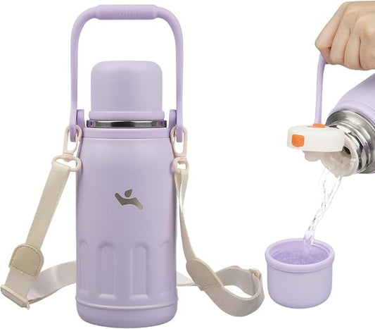 Konokyo Insulated Water Bottle with Handle and Strap,Vacuum Travel Tumbler with Cup Lid,Thermo Coffee Cup for Hot Cold Drinks 27 OZ,Purple