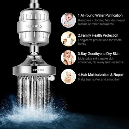 HOPOPRO 9 Modes Shower Head and 18 Stages Shower Filter Combo, High Pressure Filtered Showerhead High Output Shower Head Combo Purifying Water for Water Healthy Life