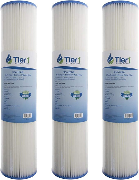 Tier1 30 Micron 20x4.5 Water Filter | Whole House Sediment Water Filter | Pleated Polyester Cartridge | Replacement for Pentek R30-20BB, 155430-43, SPC-45-2030 | High-Flow 4.5 x 20 Water Filter (3pk)