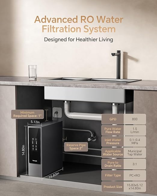 Vancepic Under Sink Reverse Osmosis System, 0.55 GPM High Flow 800GPD Tankless RO System, 3:1 Pure to Drain, 4000L High Capacity Water Filter, 95% TDS Reduction, Quiet Pump V800