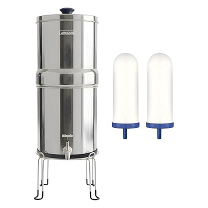 Armour Stainless Steel Gravity Water Filter System – Countertop Water Filter with 2 FTO Plus Ceramic Filters for Lead, Fluoride & Virus Removal - NSF Certified Water Filtration - Filter with Stand
