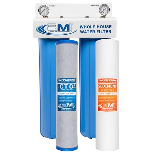APPLIED MEMBRANES INC 2-Stage Whole-House Water Filter System with 4.5x20-Inch Sediment and Carbon-Block Filters, Removes Sediment, Chlorine, Chloramine, Chemicals, Taste, and Odor