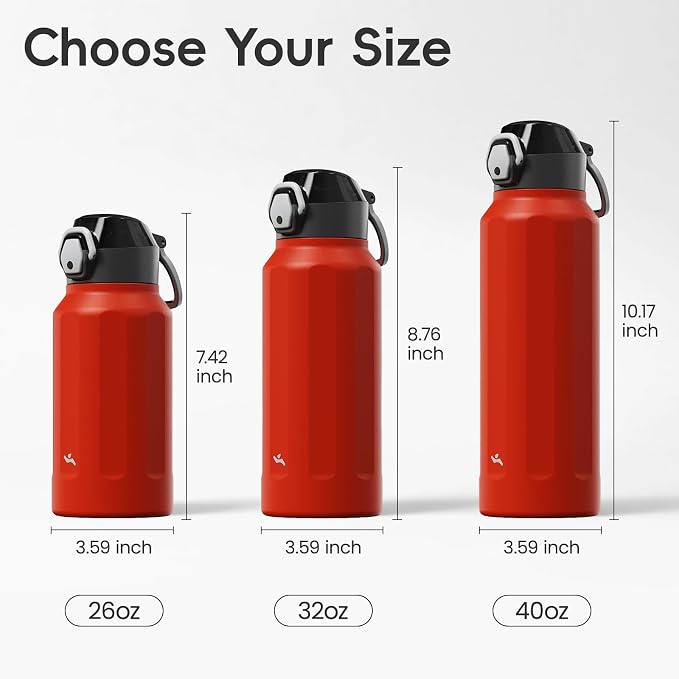 Konokyo FLOWPLAY 32oz Locking Push-Button Water Bottle with Silicone Spout,Leak-Proof,18/8 Stainless Steel Double-Wall Vacuum Insulated for Sports and Travel,BPA-Free,Red
