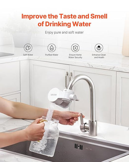 VEVOR Faucet Mount Water Filter, Horizontal Water Purifier for Sink Tap, NSF Certified Carbon Fiber Filter, Removes Chlorine Lead with 3 Filters, Fits Most Kitchen or Bathroom Faucets, White