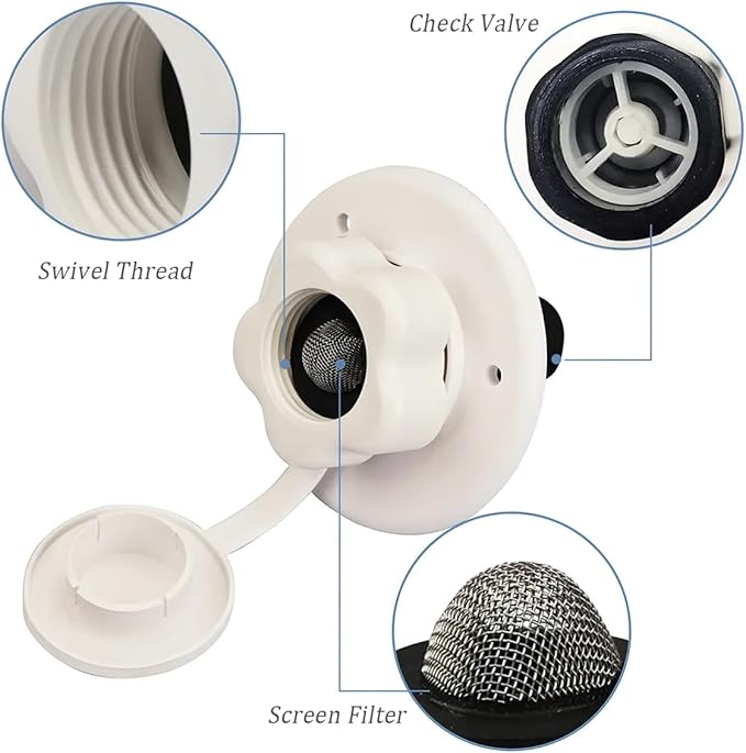 AICEL RV City Water Inlet, RV Water Inlet Connection with Check Valve, RV City Water Flange Inlet Replacement, Flusher Water Inlet Connector Car Accessories Parts for Camper Trailer RV (White)