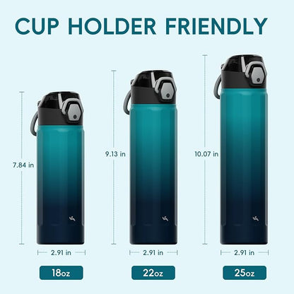 Konokyo FLOWPLAY 22oz Locking Push-Button Water Bottle with Silicone Spout,Leak-Proof,18/8 Stainless Steel Double-Wall Vacuum Insulated for Sports and Travel,BPA-Free,Sea