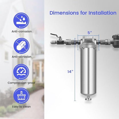 Amwater NSF/ANSI 42 Stainless Steel Whole House Water Filter Housing, 10" x 2.5" Sediment Water Filter System for Heavy Duty, Well & City Water, 1/2" NPT Port, Drain Valve Style A(Wing)