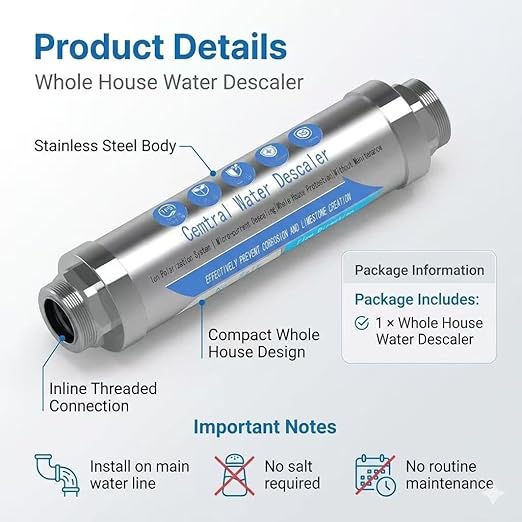 Whole House Water Descaler 3/4” NPT – Hard Water Scale Inhibitor, No Salt Physical Water Conditioner for Main Water Line, Maintenance-Free, Helps Reduce Limescale in Pipes & Appliances