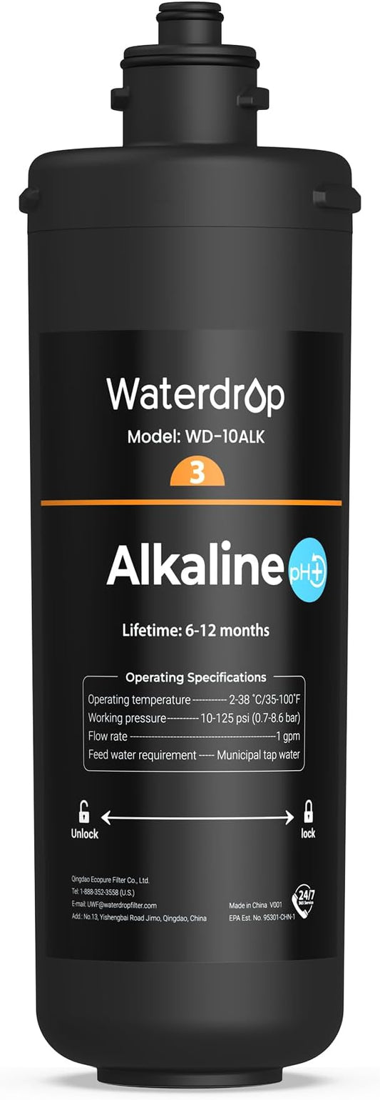 Waterdrop WD-10ALK Water Filter Replacement for Waterdrop TSB-ALK 8 Layer High Capacity Alkaline Under Sink Water Filtration System, 12 months Under Sink Water Filter, Reduces Bad Taste & Odor