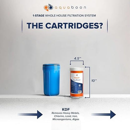 Aquaboon Whole House Water Filter System for Well Water with 5 Micron 10x4.5 KDF Heavy Metals Purification Cartrige | NSF Certified, Pressure Gauges & Releas, Wrench, Bracket 1" NPT