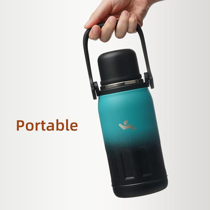Konokyo Insulated Water Bottle with Handle and Strap,Vacuum Travel Tumbler with Cup Lid,Thermo Coffee Cup for Hot Cold Drinks 50 OZ,TealBlack
