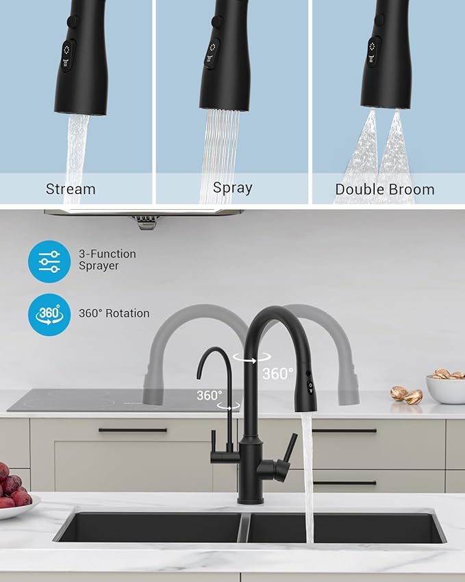 DAYONE Matte Black Kitchen Faucet with Drinking Purfied Water Faucet, 3 Holes High Arc 3 in 1 Sink Tap Stainless Steel, Two-Handle 3-Way Pull Down Sprayer, (Without System)