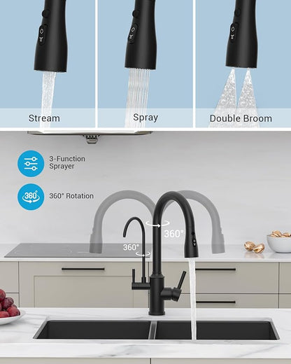 DAYONE Matte Black Kitchen Faucet with Drinking Purfied Water Faucet, 3 Holes High Arc 3 in 1 Sink Tap Stainless Steel, Two-Handle 3-Way Pull Down Sprayer, (Without System)