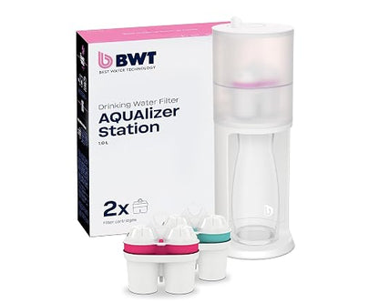 BWT Table Water Filter AQUAlizer Station | Advantage Pack with 2 Filter cartridges and Additional Glass Carafe