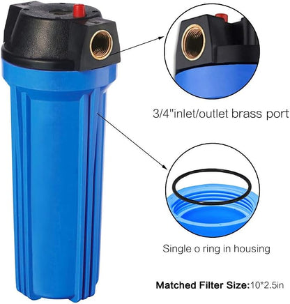 Geekpure 10 Inch Whole House Slim Water Filter Housing - 3/4"NPT Brass Port | with Air Relief Valve Fit for 2.5" x 10" Filters-Blue