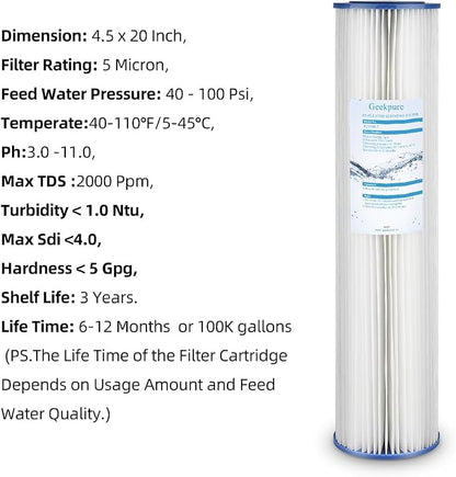 Geekpure Whole House Pleated PP Polypropylene Sediment Replacement Filters -4.5" x 20"-5 Micron -Pack of 4