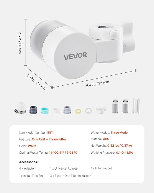 VEVOR Faucet Mount Water Filter, Horizontal Water Purifier for Sink Tap, NSF Certified Carbon Fiber Filter, Removes Chlorine Lead with 3 Filters, Fits Most Kitchen or Bathroom Faucets, White