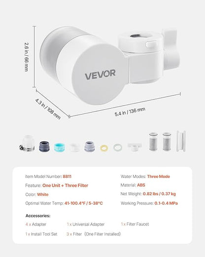 VEVOR Faucet Mount Water Filter, Horizontal Water Purifier for Sink Tap, NSF Certified Carbon Fiber Filter, Removes Chlorine Lead with 3 Filters, Fits Most Kitchen or Bathroom Faucets, White