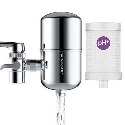 WINGSOL Stainless Steel Mineral Alkaline Water Filter for Sink Faucet, NSF/ANSI 42&53, 360° Rotating Tap Purifier Improve pH+ & Taste, Reduce Chlorine, Odor, Sediment, 250 Gallons, Reinforced Housing