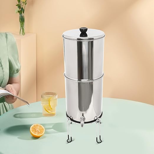 Gravity-fed Water Filter System, 2.25Gallon Stainless-Steel System with 2 Filters, Metal Water Level Spigot, and Stand