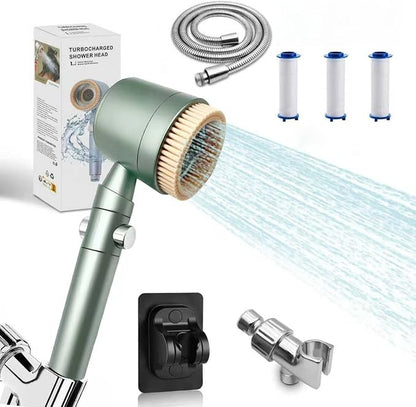 2026Version Turbocharged High Pressure Filtered Shower Head with Handheld & Outlet Soft Brush - 6 Spray Modes, 5-Stage Filtration System, 59" Hose - Chlorine & Hard Water Filter (3 filter cartridges)