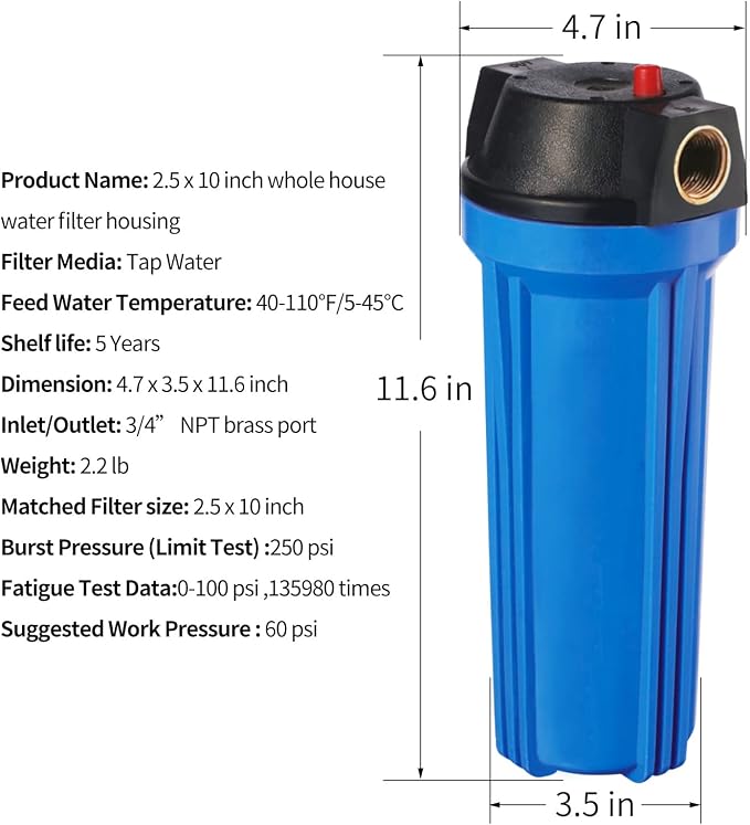 Geekpure 10-Inch Whole House Slim Water Filter Housing for 2.5" x 10" Filter - 3/4" NPT Brass Port - with Air Relief Valve-Blue-Pack of 3