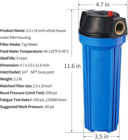 Geekpure 10-Inch Whole House Slim Water Filter Housing for 2.5" x 10" Filter - 3/4" NPT Brass Port - with Air Relief Valve-Blue-Pack of 3