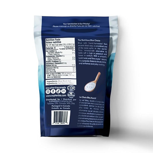 EUPHERBIA Blue Salt, Fine Grind, Rare Mineral Salt, High Potassium, Lower Sodium, Natural, Unprocessed, Hand Harvested, Kosher Certified (227g Fine Grind)
