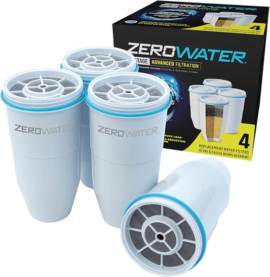 ZeroWater Official 5-Stage Water Filter for Replacement, NSF Certified to Reduce Lead, Other Heavy Metals and PFOA/PFOS, 4-Pack & ZD-018 ZD018, 23 Cup Water Filter Pitcher with Water Quality Meter