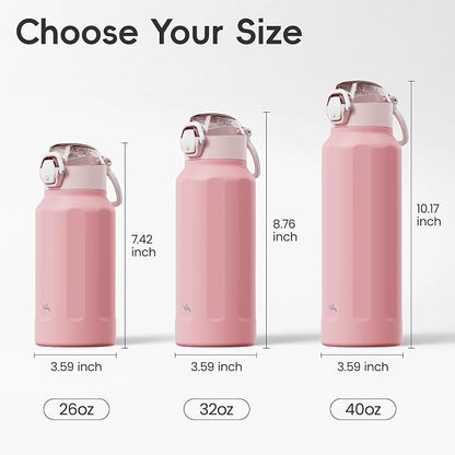 Konokyo FLOWPLAY 32oz Locking Push-Button Water Bottle with Silicone Spout,Leak-Proof,18/8 Stainless Steel Double-Wall Vacuum Insulated for Sports and Travel,BPA-Free,Pink