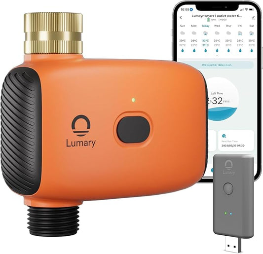 Lumary WiFi Water Timer for Garden Hose w/Hub Brass Inlet, Work with Alexa | Brass Inlet, Support Rain Delay/Remote/Auto/Manual, Battery Sprinkler Timer for Drip Irrigation System, Programmable Faucet