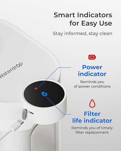 Waterdrop ED11W Rechargeable Water Filter Dispenser with 2 Filters, 5-Stage Long-Life Instant Electric Powerful Pitcher, Reduce 70+ Contaminants, Soften Water, 15-Cup Portable Countertop System, White