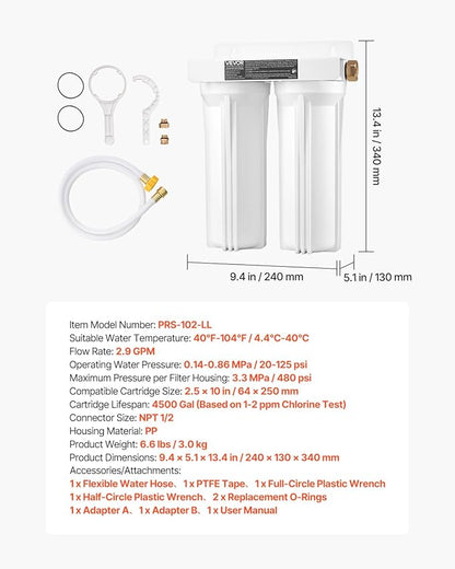 VEVOR RV Water Filter, 2-Cartridge 2.5 x 10 in Water Filter System for RV, Remove Sediments, Chlorine, Bad Tastes, Odors, and Most Contaminants, RV Filter for Campers, Boats, Vans