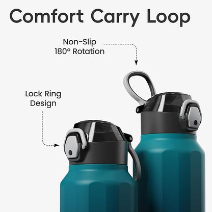 Konokyo FLOWPLAY 26oz Locking Push-Button Water Bottle with Silicone Spout,Leak-Proof,18/8 Stainless Steel Double-Wall Vacuum Insulated for Sports and Travel,BPA-Free,Sea