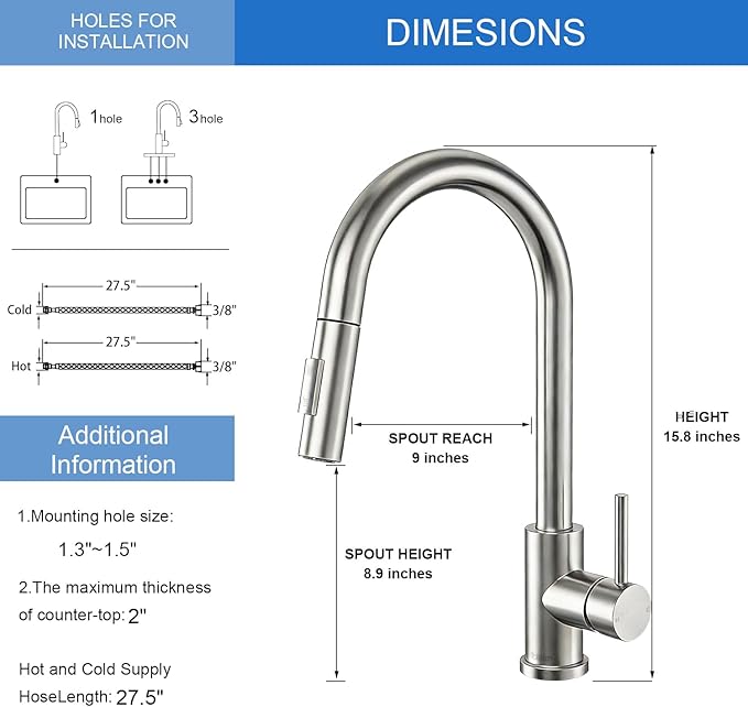 Tohlar Kitchen Sink Faucets with Pull-Down Sprayer, Modern Stainless Steel Single Handle Pull Down Sprayer Faucet with Deck Plate