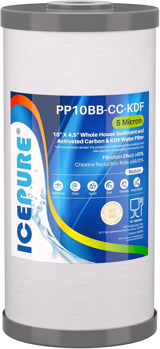 ICEPURE 5 Micron 10" x 4.5" Whole House Sediment Activated Carbon and KDF Water Filter Compatible with GE FXHTC, GXWH40L, RFC-BBSA W50PEHD Whirlpool WHKF-GD25BB GXWH35F GNWH38S Dupont WFHD13001, 1PACK