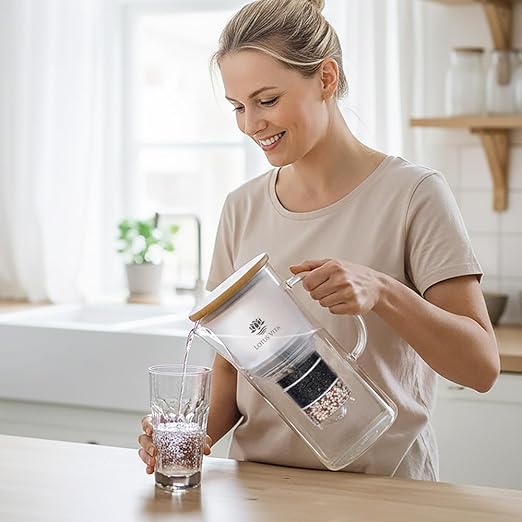 Lotus Vita ENYA Glass Water Filter Pitcher (10-Cups Total) - Removes Impurities, Adds Minerals - BPA Free - Glass & Bamboo Design - Improves Water Quality, Taste, and Drinking Habits