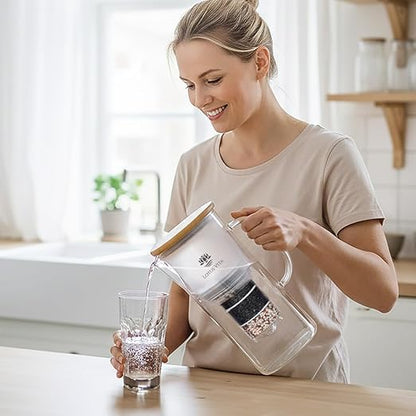 Lotus Vita ENYA Glass Water Filter Pitcher (10-Cups Total) - Removes Impurities, Adds Minerals - BPA Free - Glass & Bamboo Design - Improves Water Quality, Taste, and Drinking Habits